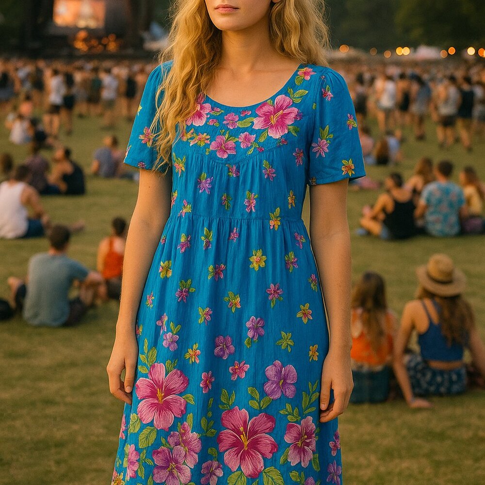 Vintage Midi Tropical Floral Dress Boho Festival India By Dee Dee Beach Resort M